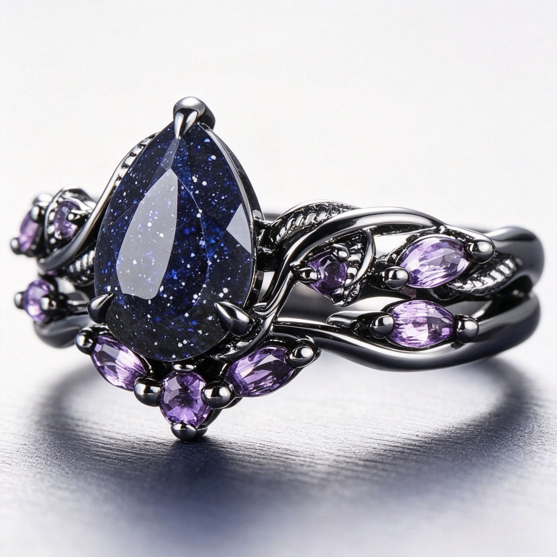 New Electroplated Gun-Black Starry Sky Waterdrop Gemstone Couple Rings