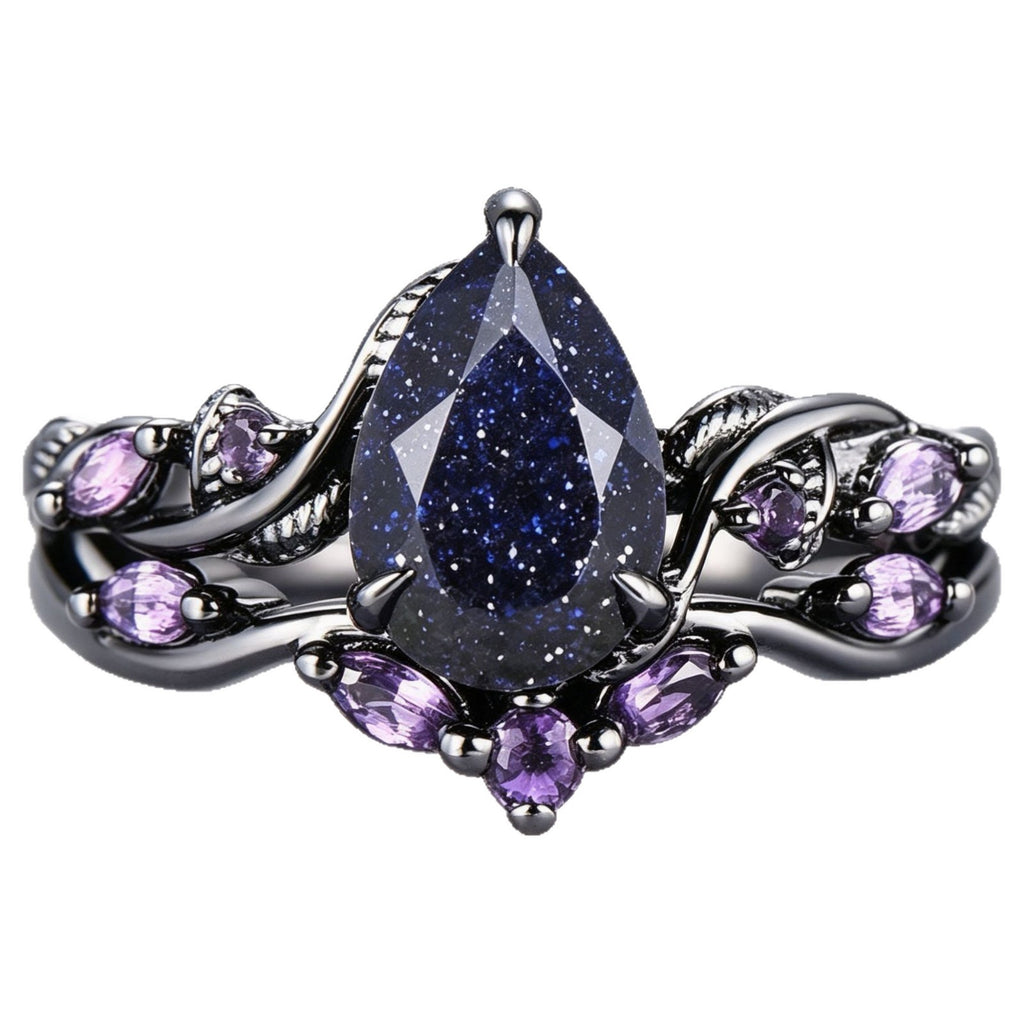 New Electroplated Gun-Black Starry Sky Waterdrop Gemstone Couple Rings
