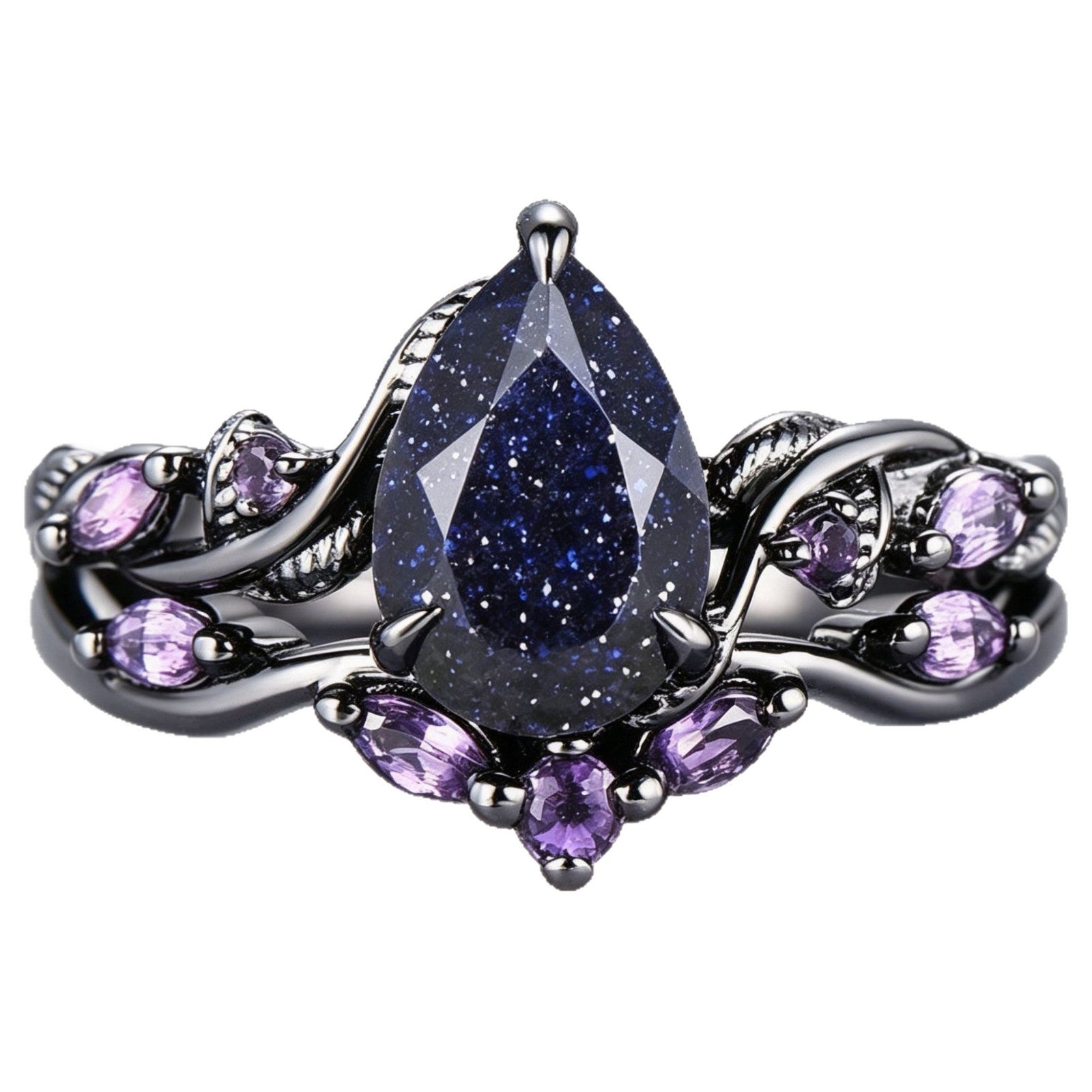 New Electroplated Gun-Black Starry Sky Waterdrop Gemstone Couple Rings