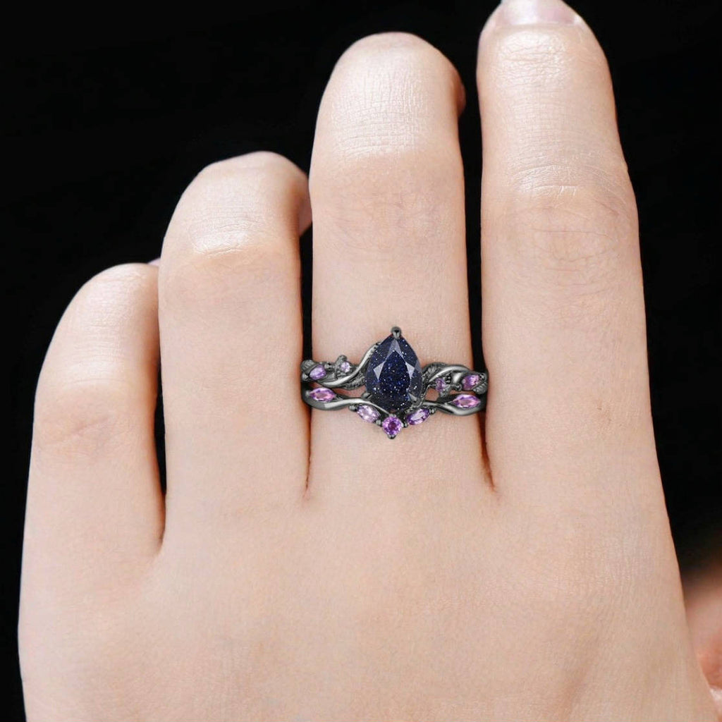 New Electroplated Gun-Black Starry Sky Waterdrop Gemstone Couple Rings