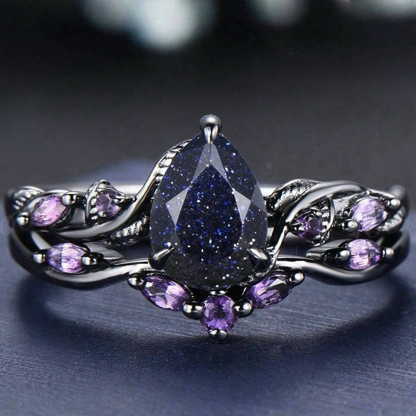 New Electroplated Gun-Black Starry Sky Waterdrop Gemstone Couple Rings