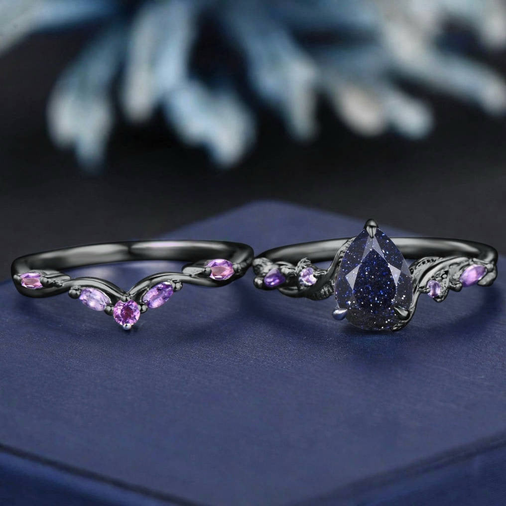 New Electroplated Gun-Black Starry Sky Waterdrop Gemstone Couple Rings